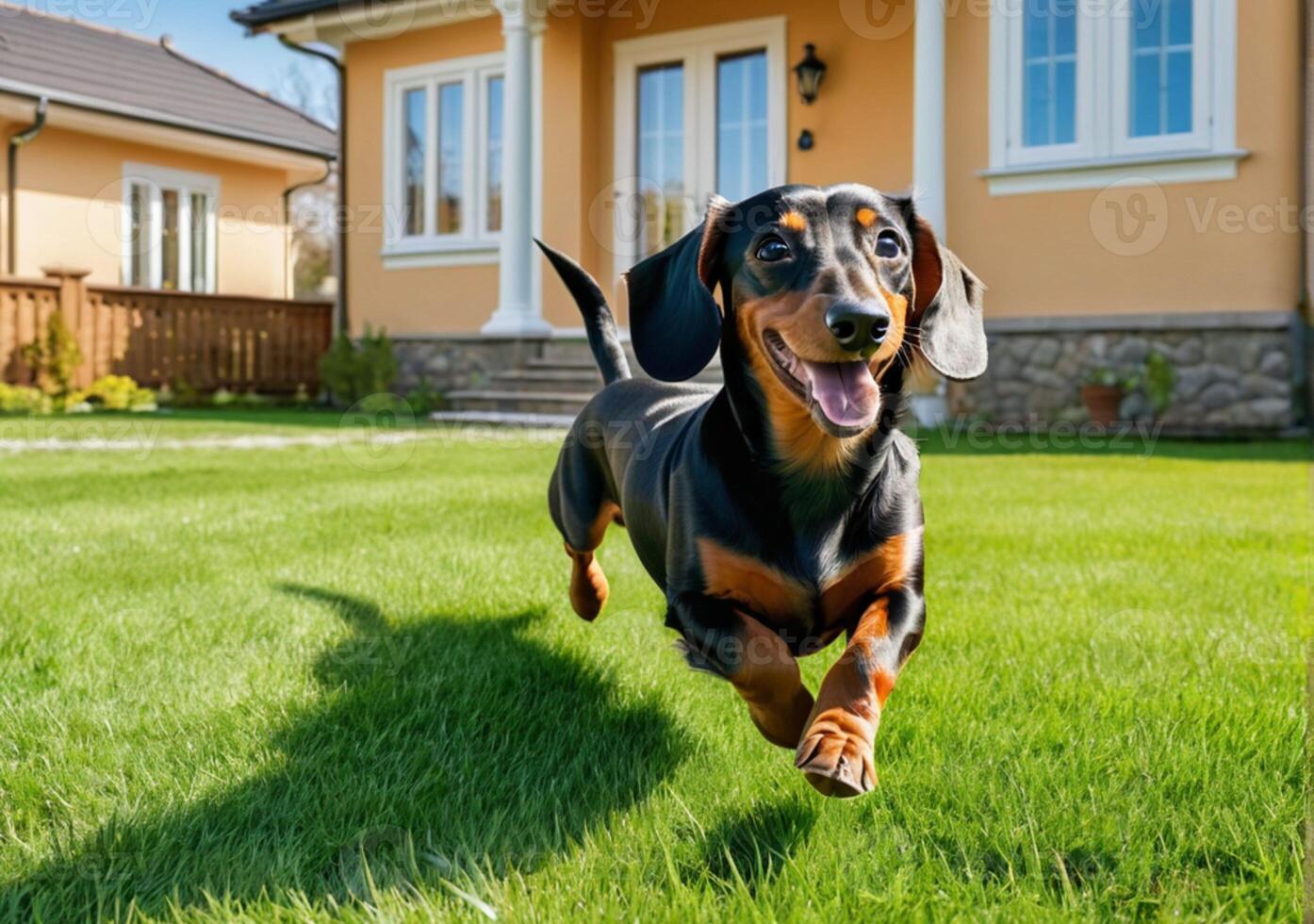 ai generado un linda perro tejonero corriendo en el césped fuera de un hermosa casa. un soleado primavera día. foto