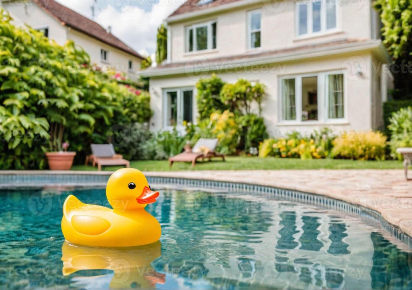 ai generado amarillo caucho Pato en el agua en el piscina en el patio interior de un hermosa hogar. suave luz. foto