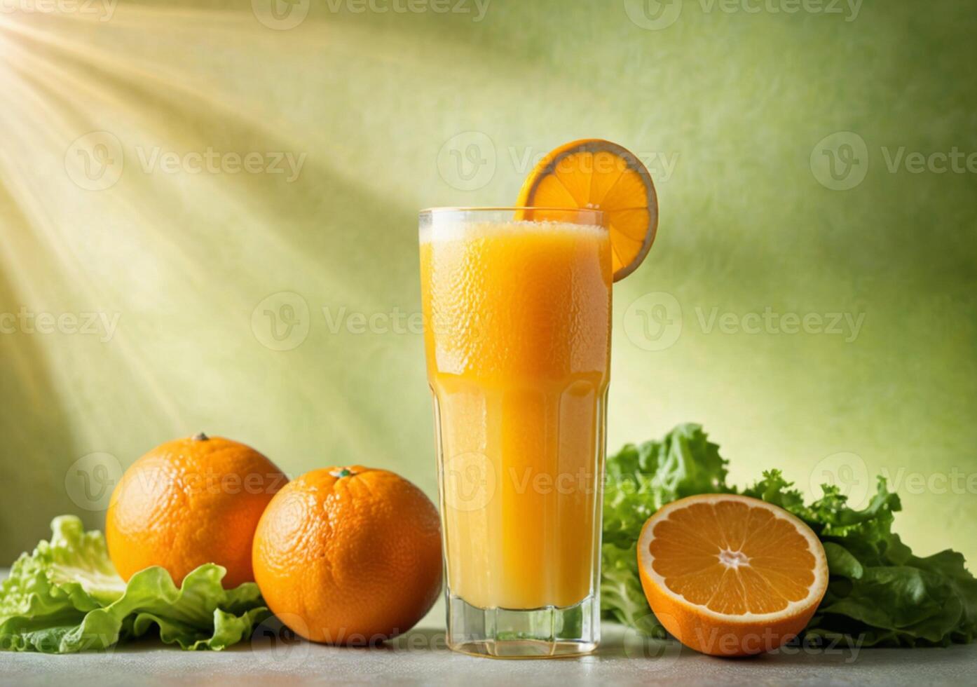 AI generated Freshly squeezed orange juice in a tall glass on a lettuce textured background. Daytime sunny soft lighting. photo