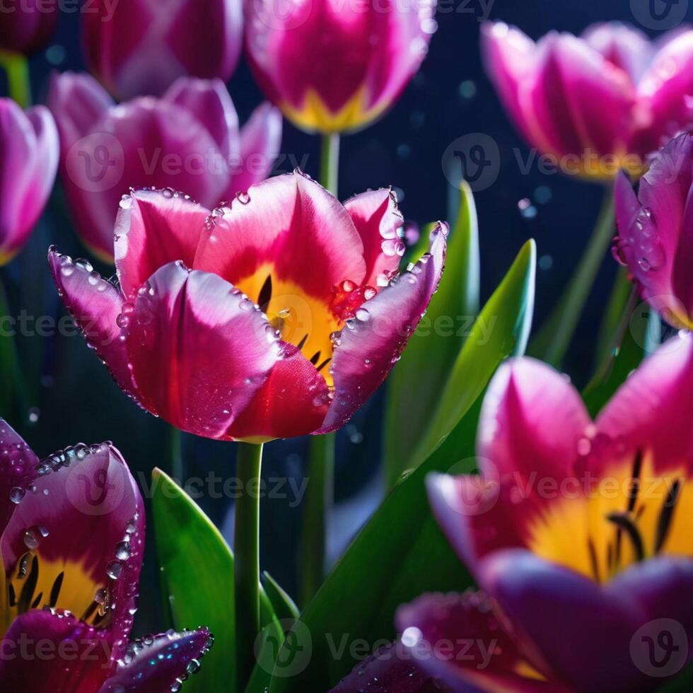 AI generated Incredibly beautiful purple tulips in the night meadow photo