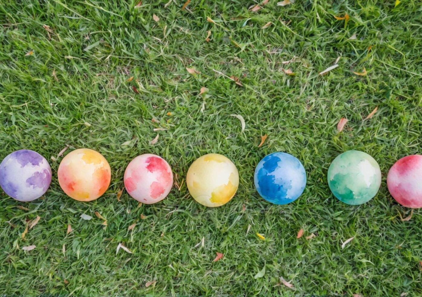 AI generated Spread in a row on the grass children's colorful toy balls. photo