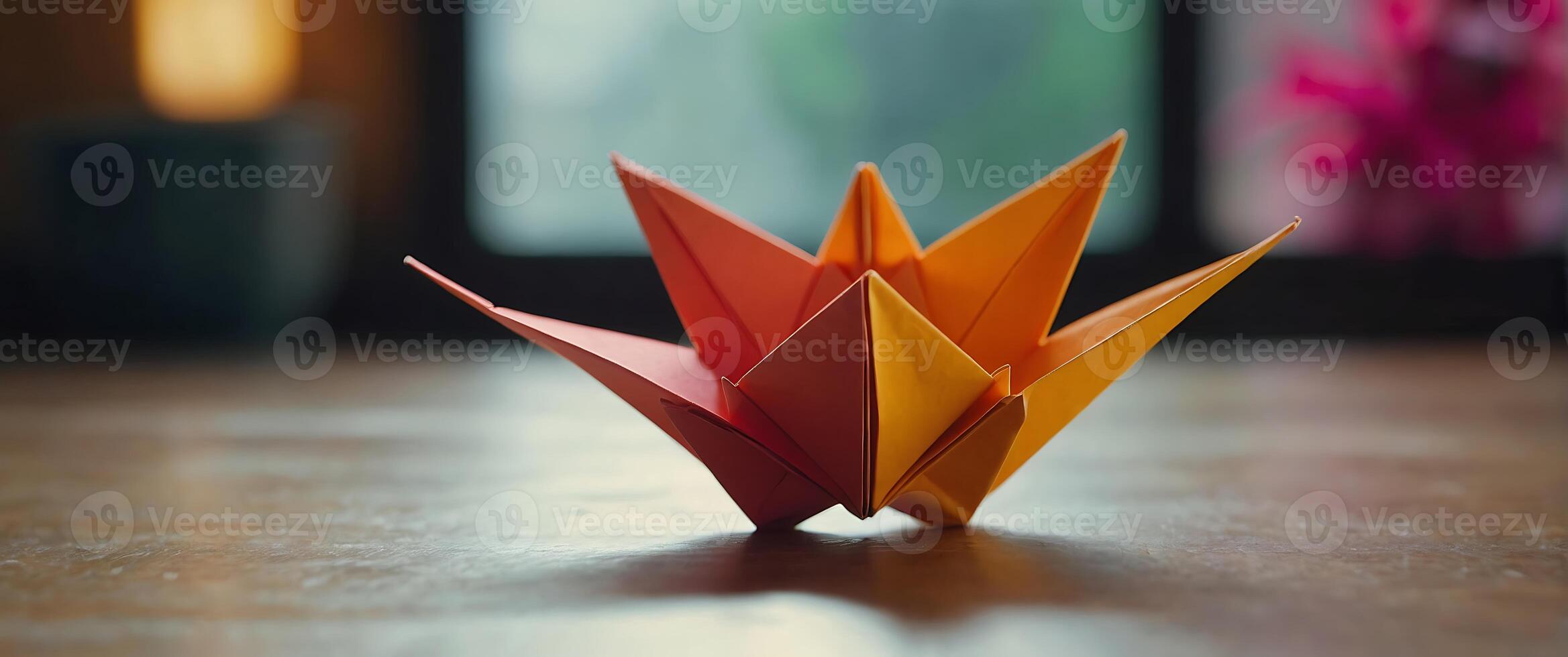 AI generated Colorful Paper made different shaped Origami on a table photo