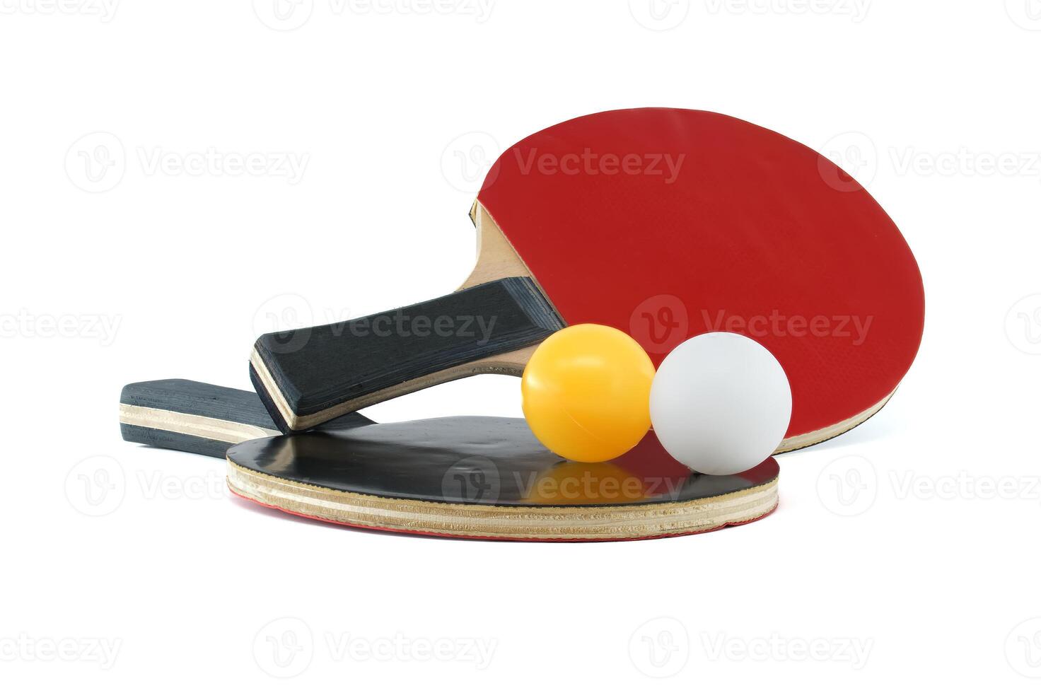 Ping pong paddles and balls isolated on white background photo