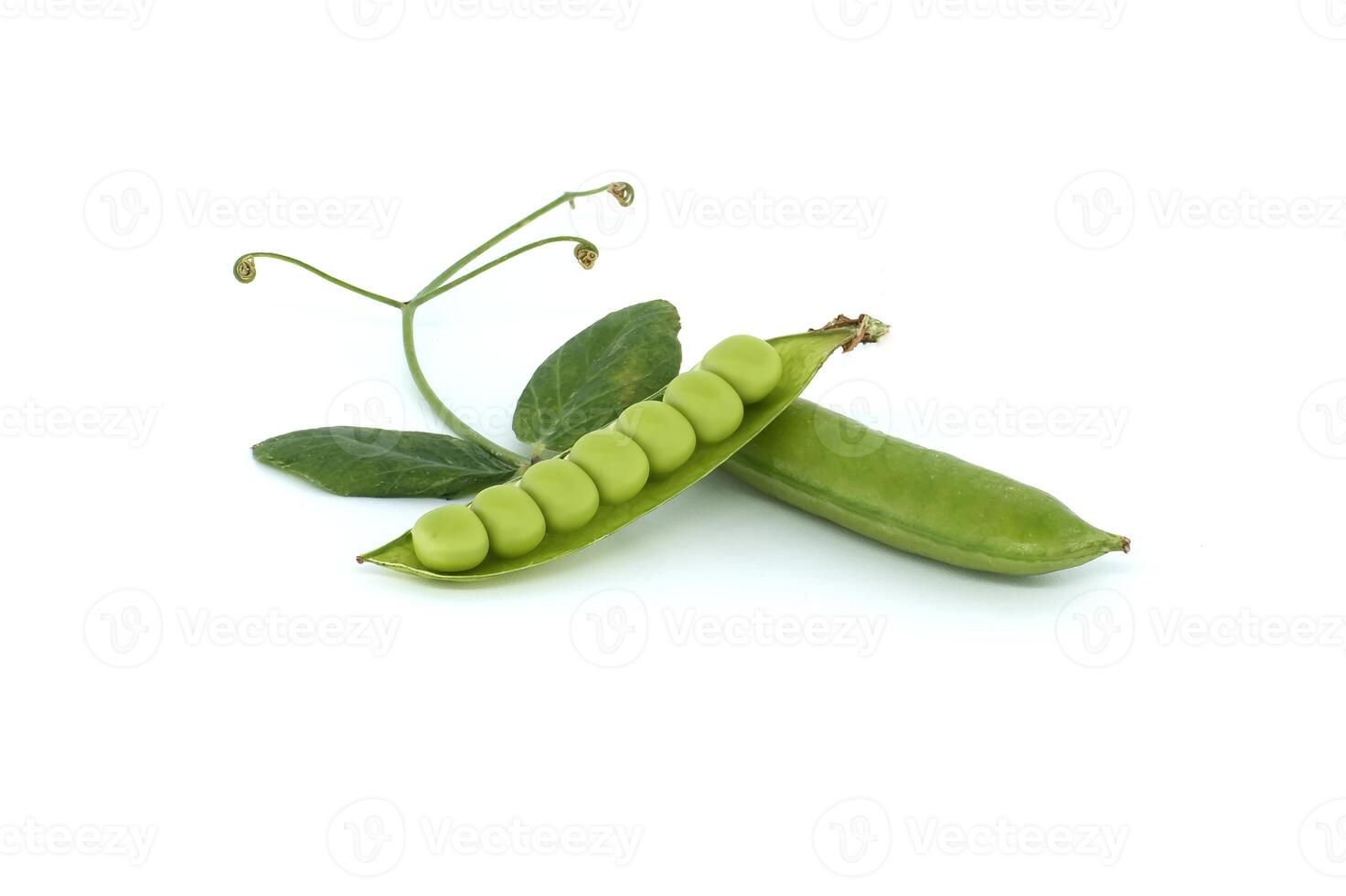 Open pea pod and round green peas inside on white photo