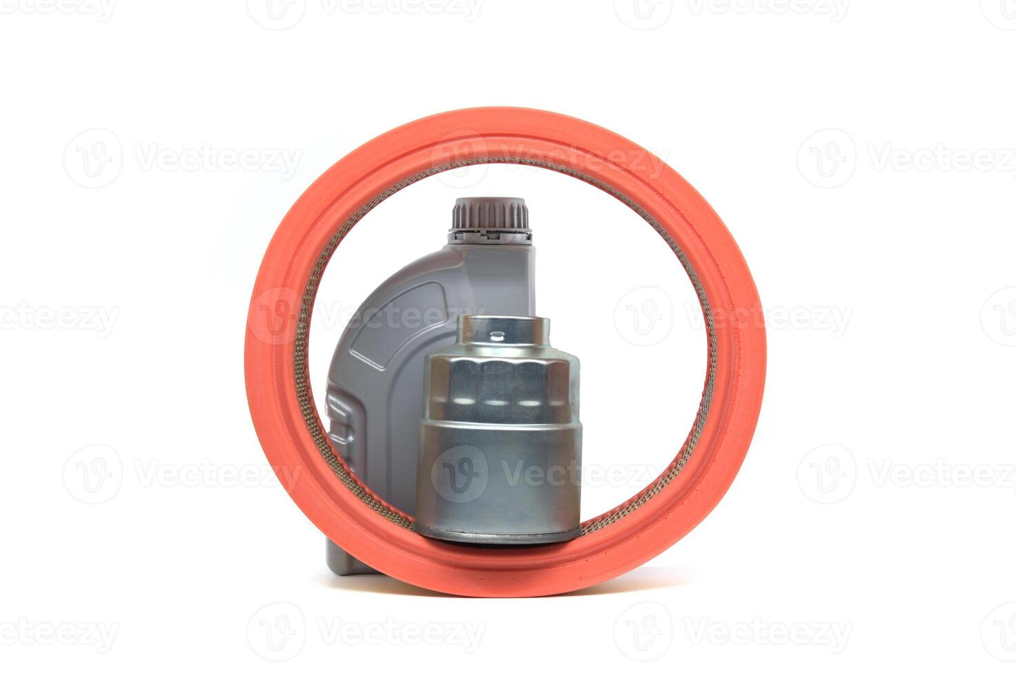 Orange air filter, oil canister and oil filter isolated on white photo