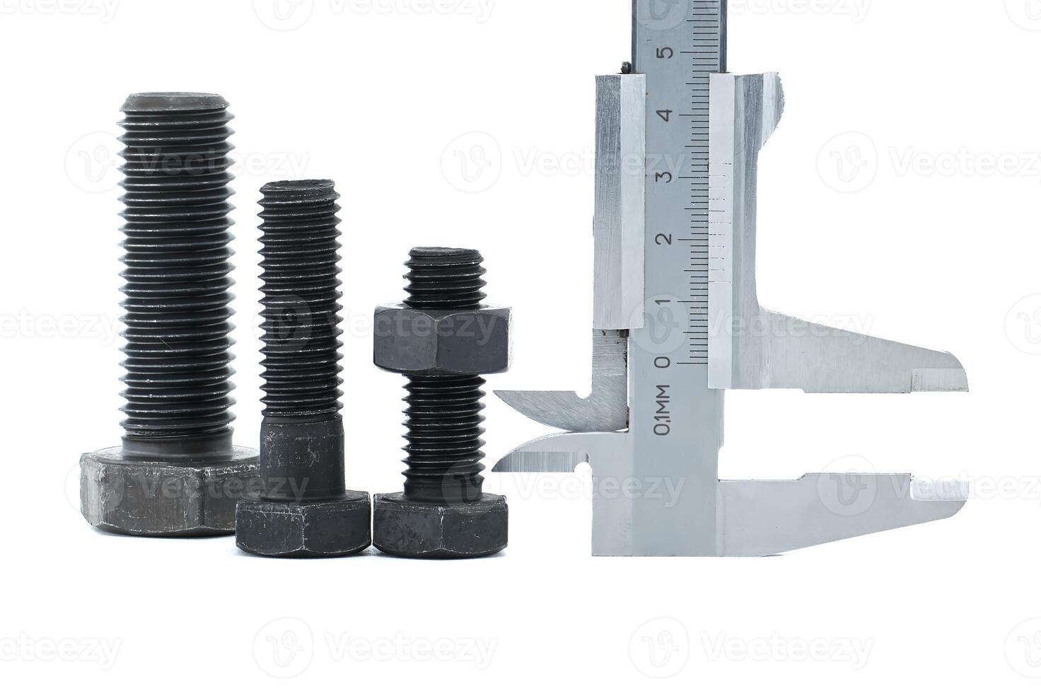 Caliper measure bolts with hexagonal heads on white photo