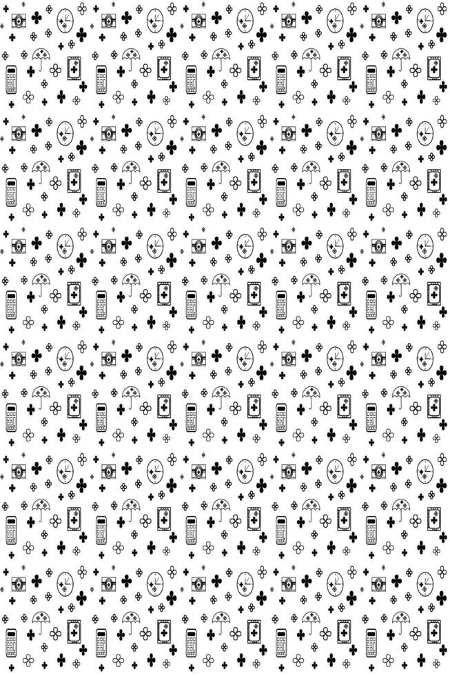 Minimalist Seamless pattern with clover, umbrella, clock, notebook and calculator. Black and white background pattern for printing. modern lifestyle abstract seamless pattern. vector