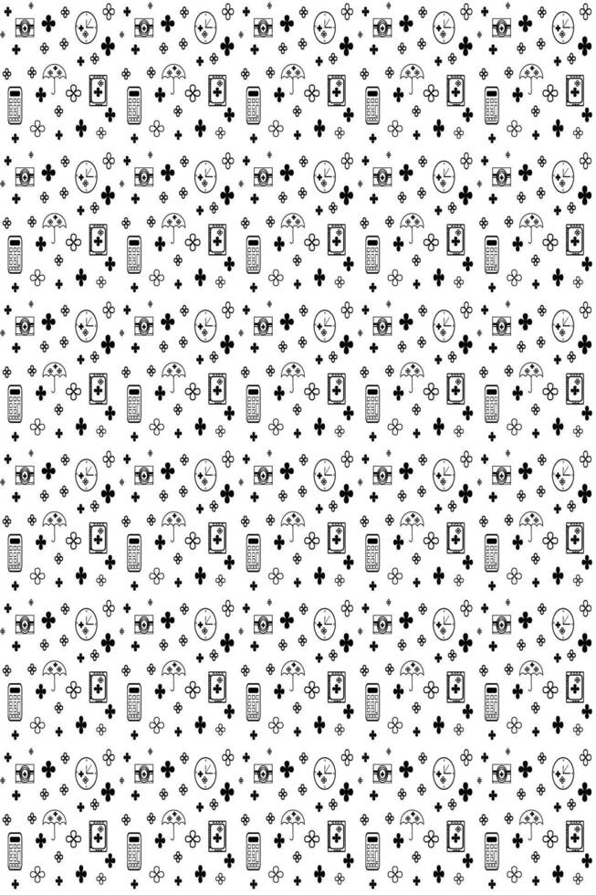 Minimalist Seamless pattern with clover, umbrella, clock, notebook and calculator. Black and white background pattern for printing. modern lifestyle abstract seamless pattern. vector