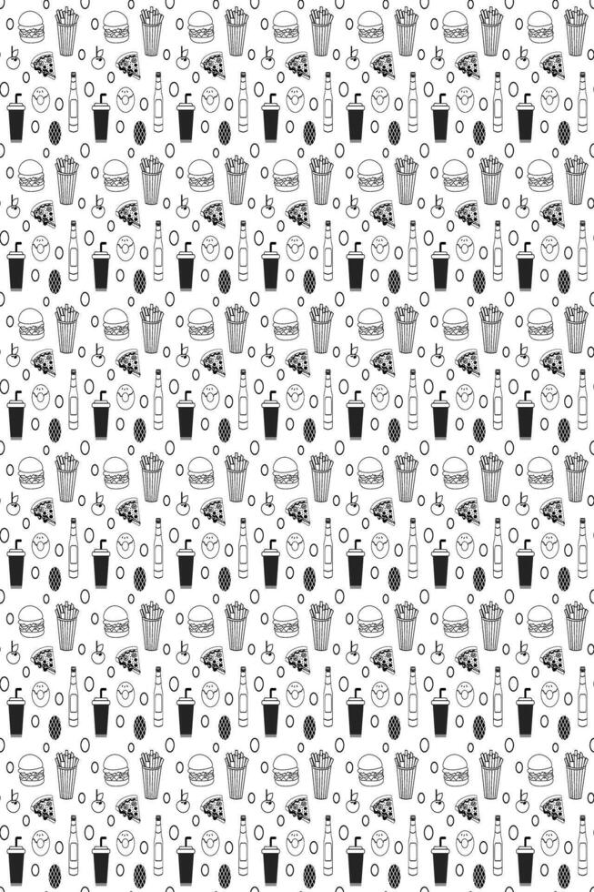 Fast food seamless pattern. Black and white illustration of fast food. Fast food seamless pattern with vector line icons. junk food patterns for cover, printing and business.
