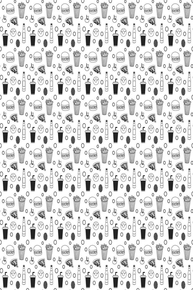 Fast food seamless pattern. Black and white illustration of fast food. Fast food seamless pattern with vector line icons. junk food patterns for cover, printing and business.