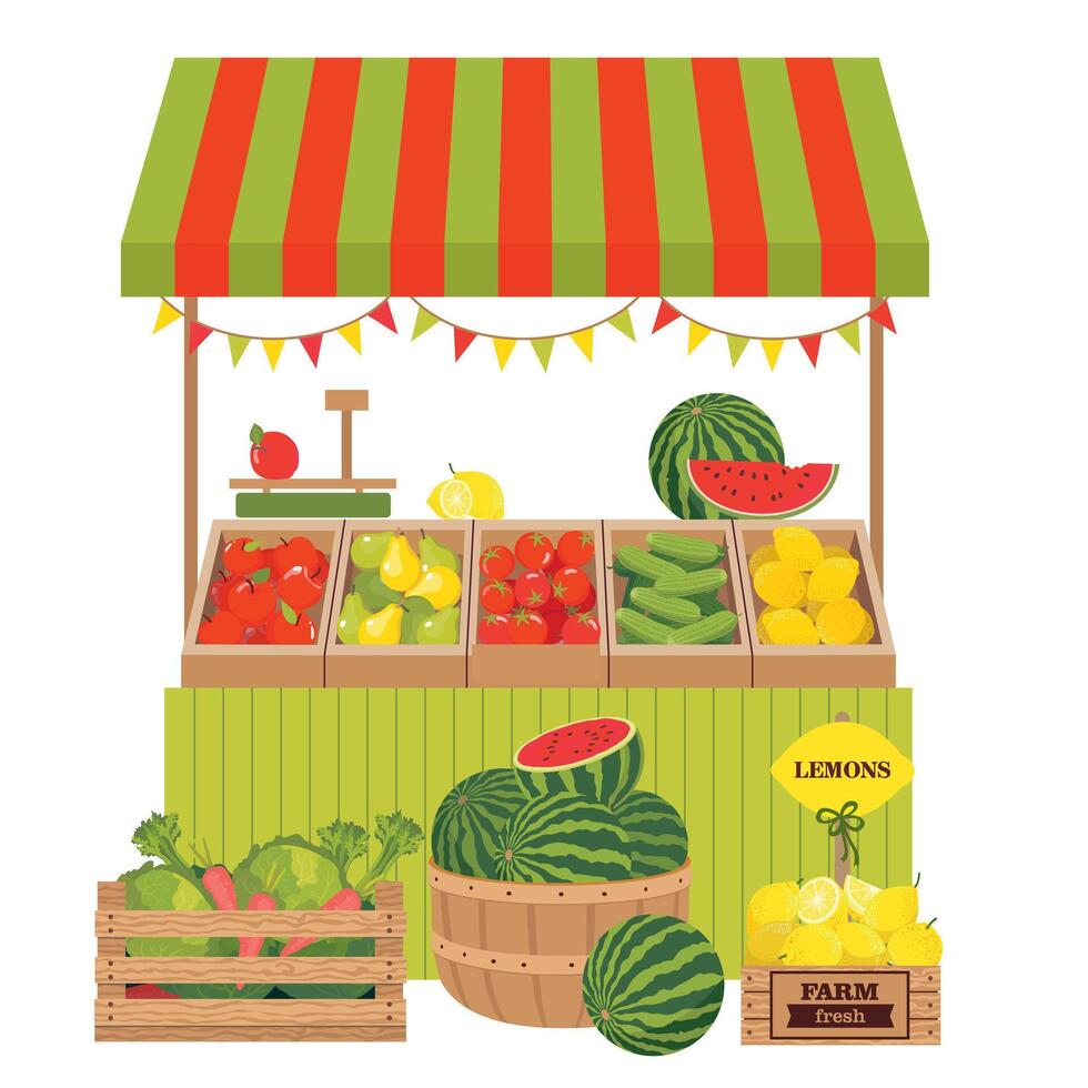 A farmer's counter with fruits and vegetables in wooden boxes. Local food at the stand at the farmer's fair. Vector illustrated clipart.