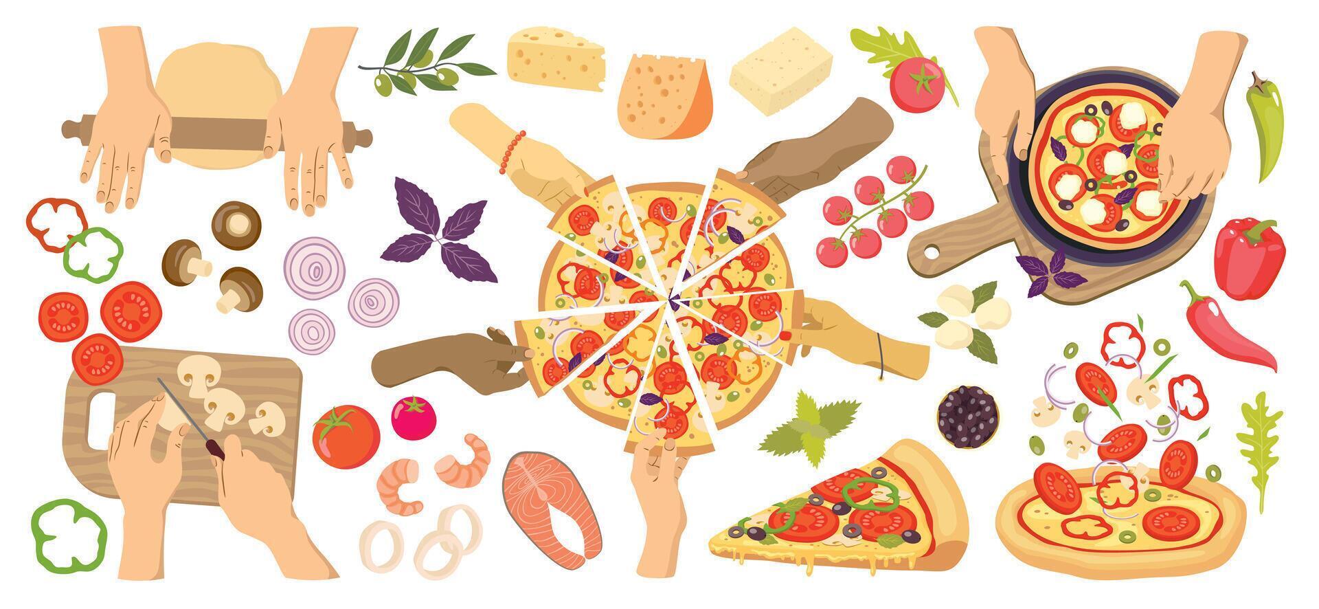 A set of vector elements for pizza preparation. Pizza for the party. Dough preparation, slicing and adding ingredients, pizza slices. Pizza ingredients, cooking moments and hands. illustrated clipart.