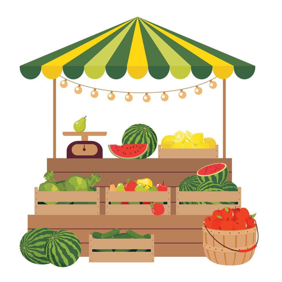 A farmer's stall with fruits and vegetables. Local food at the kiosk at the farmer's fair. Vector illustrated clipart.
