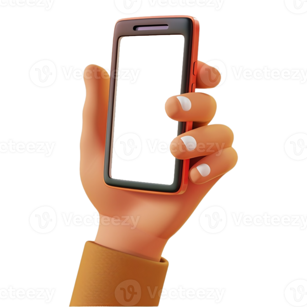 AI generated 3D Cartoon hand holding smartphone isolated on transparent background, digital device mockup, blank screen for app display png