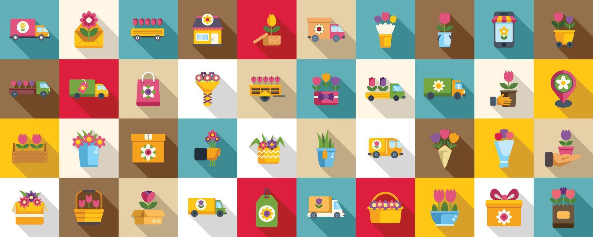 Flower delivery icons set flat vector. Blossoming deliver man vector