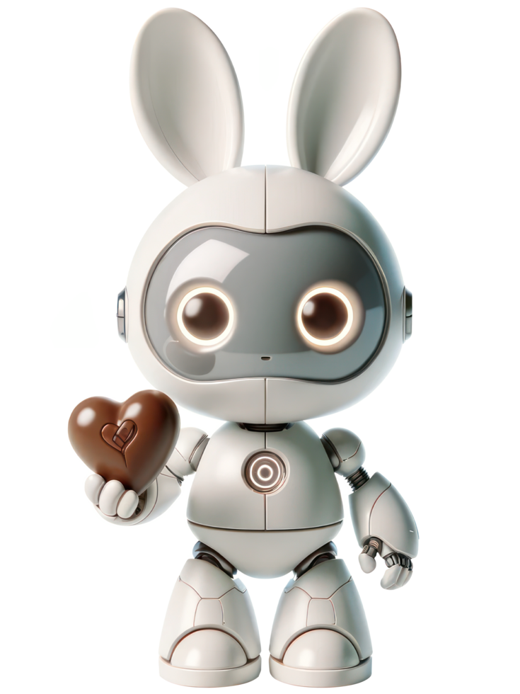 AI generated 3D character Robot white bunny holding Sci-fi chocolate heart shape isolated illustration png