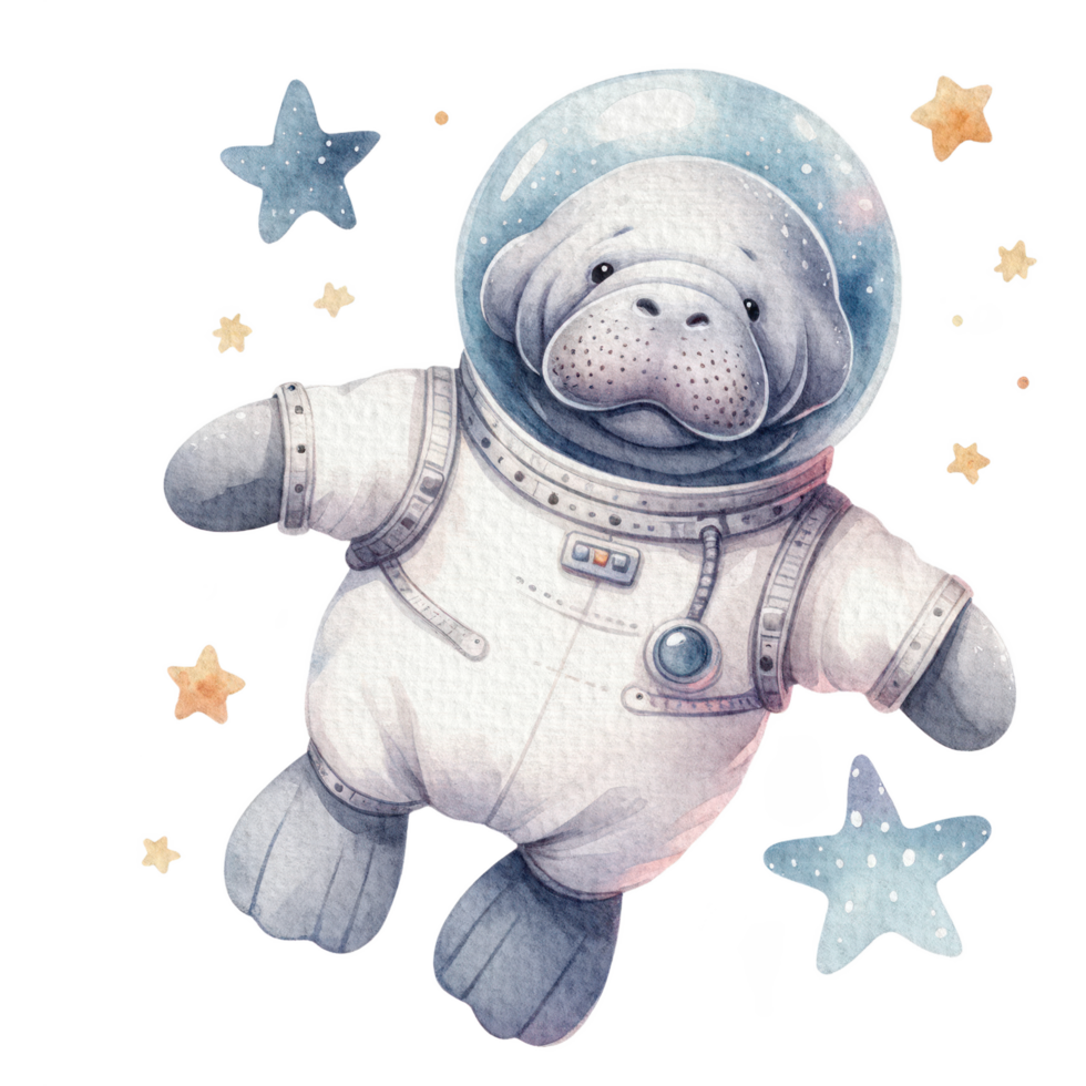 ai gerado peixe-boi astronauta aguarela oceano animal adorável png