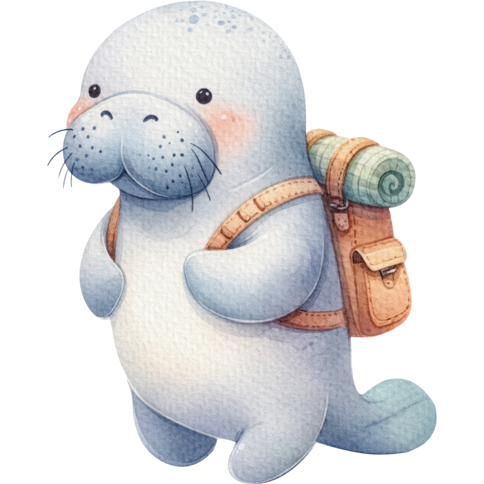 AI generated Manatee with a Backpack cute cartoon watercolor isolate png