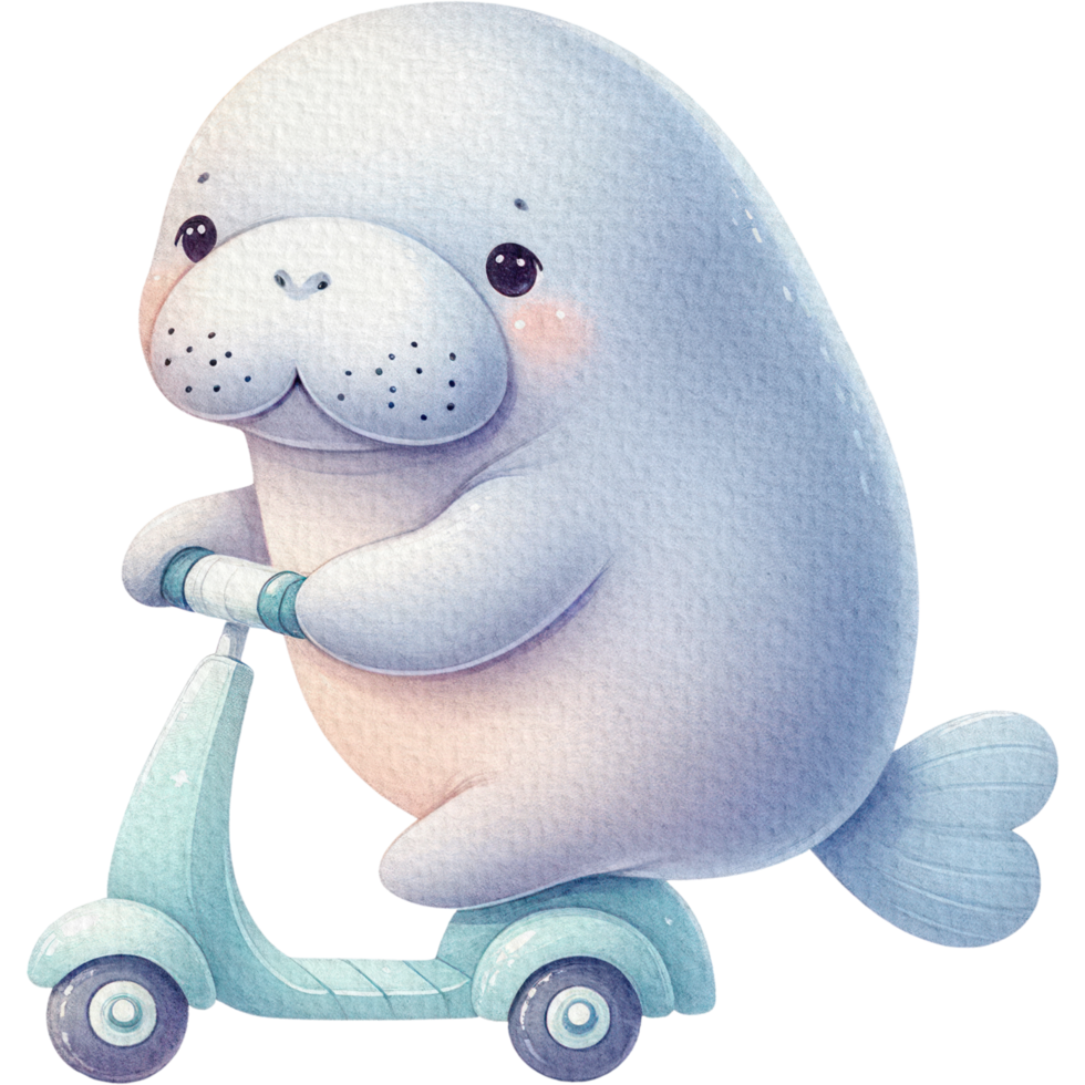 AI generated Manatee on a Scooter cute cartoon watercolor isolate png