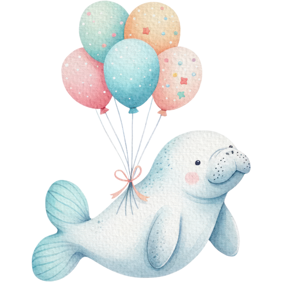 ai generado manatí con globos acuarela Oceano animal adorable png