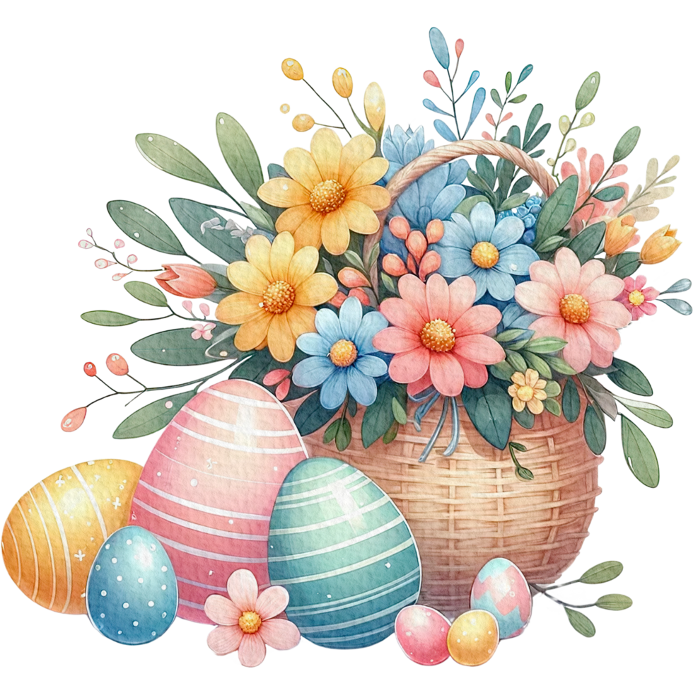 AI generated Easter flower basket easter eggs Watercolor png