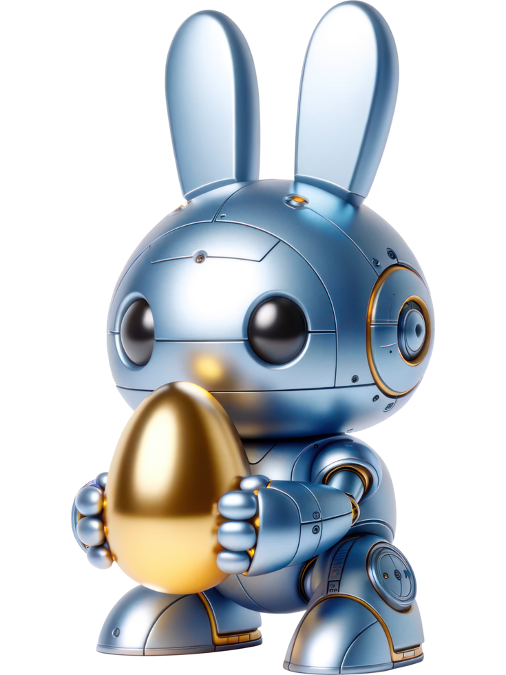 ai generiert 3d Charakter Roboter Blau metallisch Hase halten Sci-Fi Gold Ostern Ei isoliert Illustration png