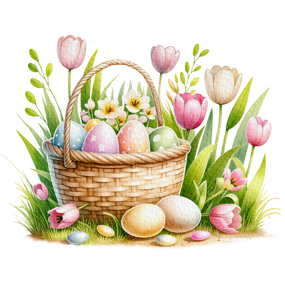 AI generated Easter flower basket easter eggs Watercolor png