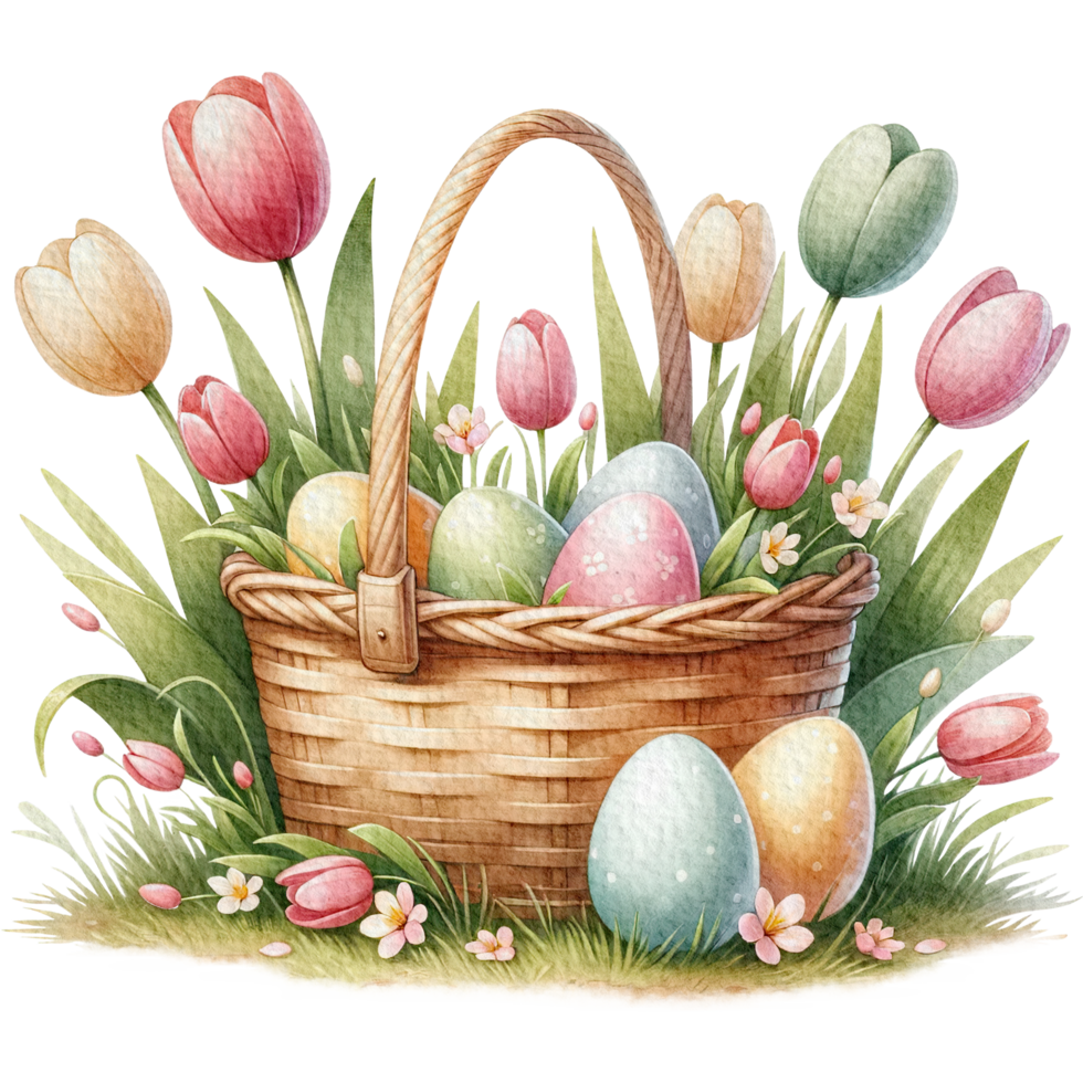 ai généré Pâques fleur panier Pâques des œufs aquarelle png