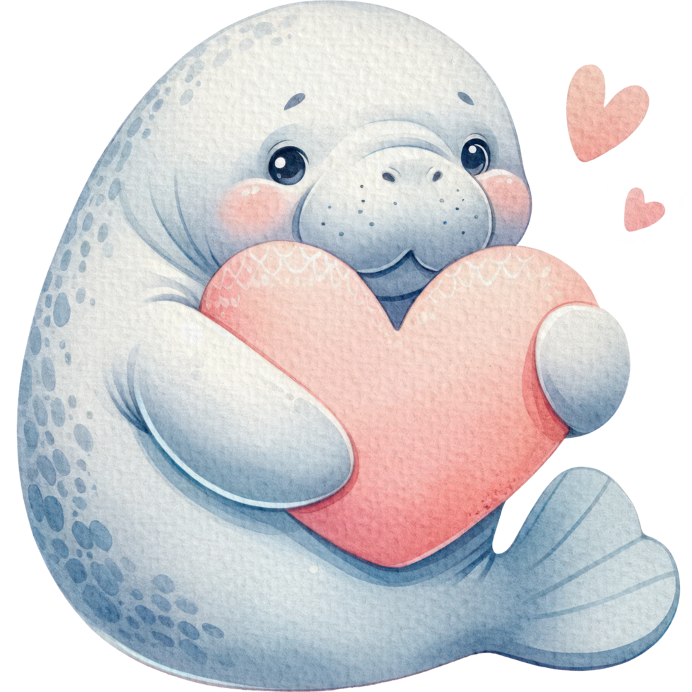 AI generated Manatee and a Heart watercolor ocean animal adorable png