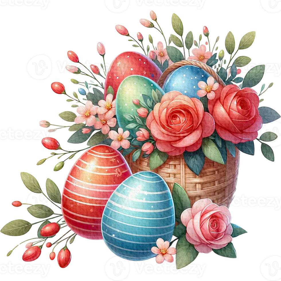 AI generated Easter flower basket easter eggs Watercolor png