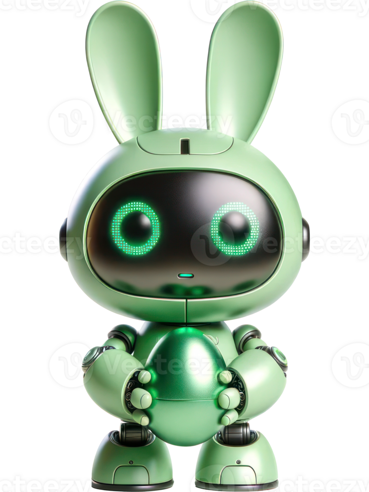 ai généré 3d personnage robot vert lapin en portant science-fiction vert Pâques Oeuf isolé illustration png