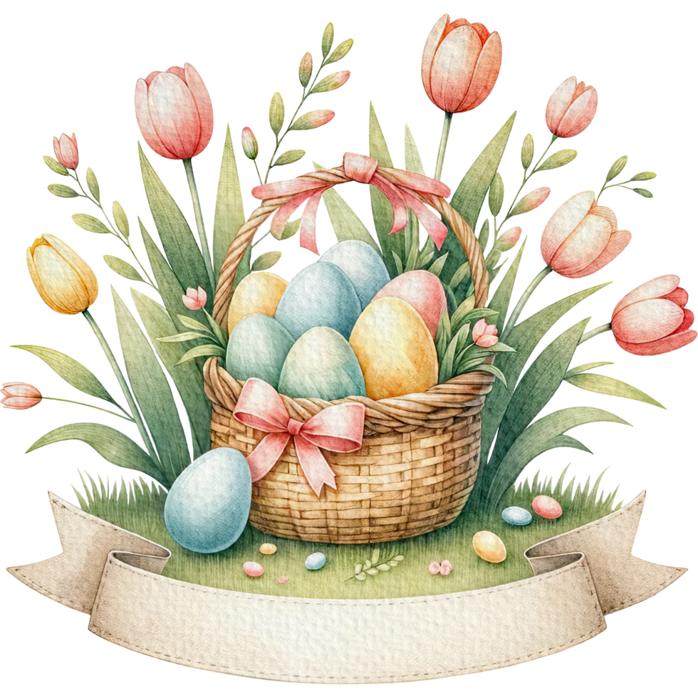 AI generated Easter flower basket easter eggs Watercolor png