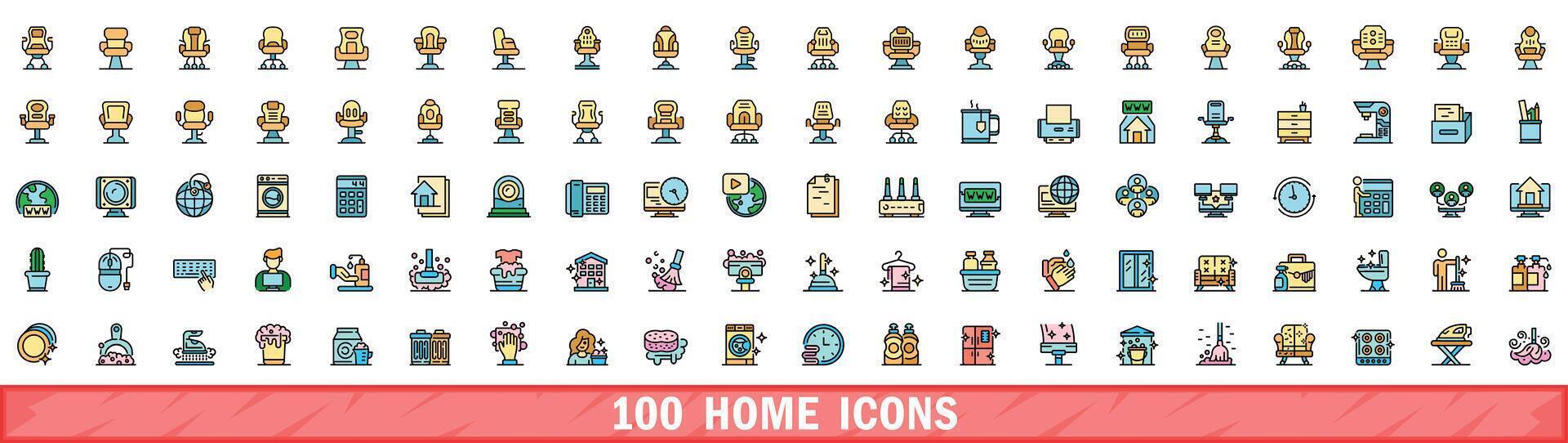 100 home icons set, color line style vector