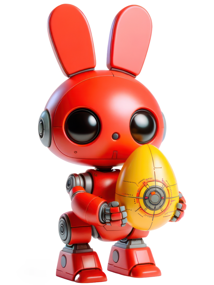 ai genererad 3d karaktär robot röd kanin innehav sci-fi gul påsk ägg isolerat illustration png