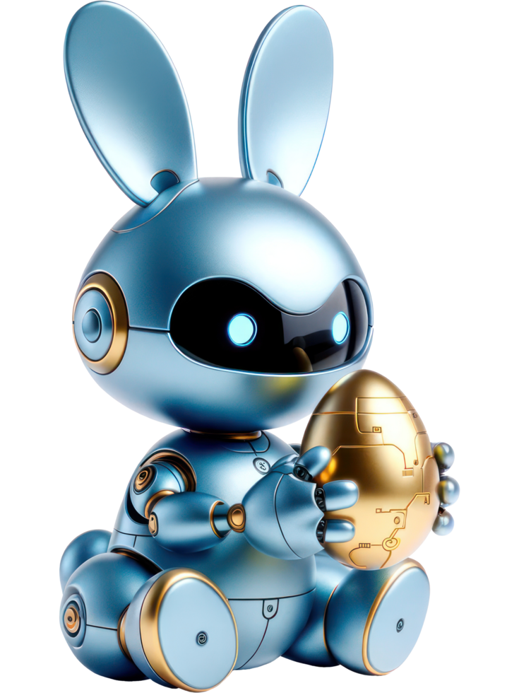 ai généré 3d personnage robot bleu métallique lapin en portant science-fiction or Pâques Oeuf isolé illustration png