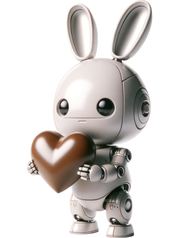AI generated 3D character Robot white bunny holding Sci-fi chocolate heart shape isolated illustration png