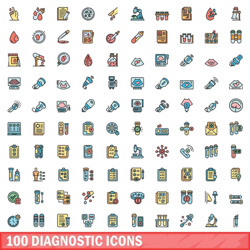 100 diagnóstico íconos colocar, color línea estilo vector