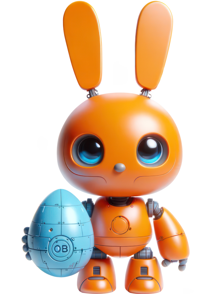 AI generated 3D character Robot orange bunny holding Sci-fi green easter egg isolated illustration png
