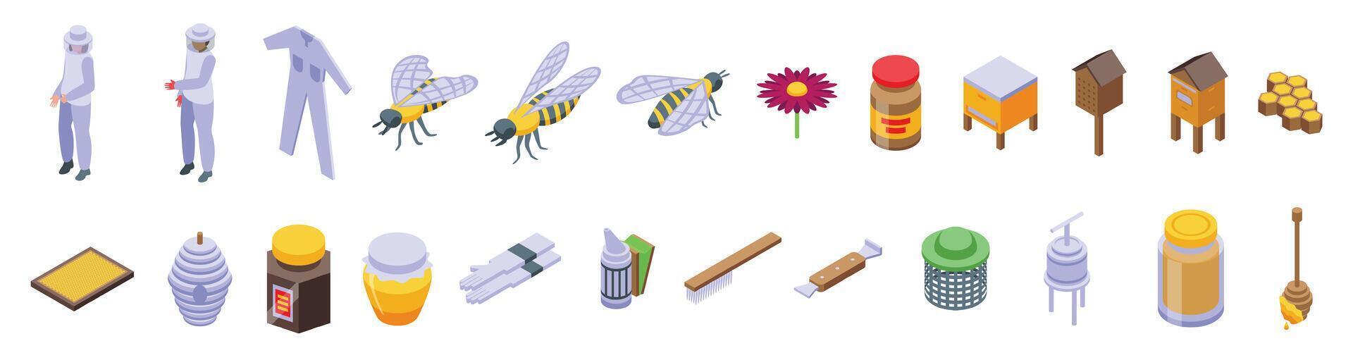 Apiculture business icons set isometric vector. Bee insect honey vector