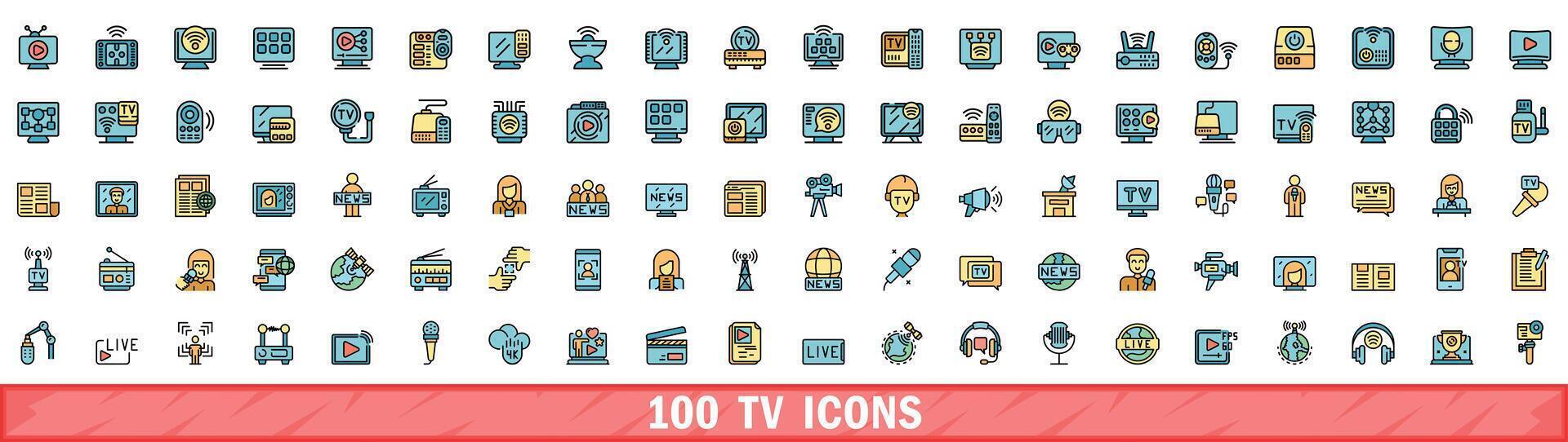 100 televisión íconos colocar, color línea estilo vector