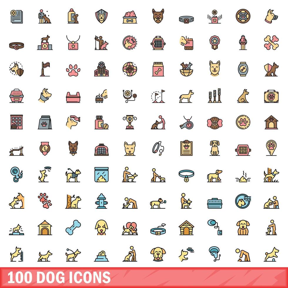 100 perro íconos colocar, color línea estilo vector