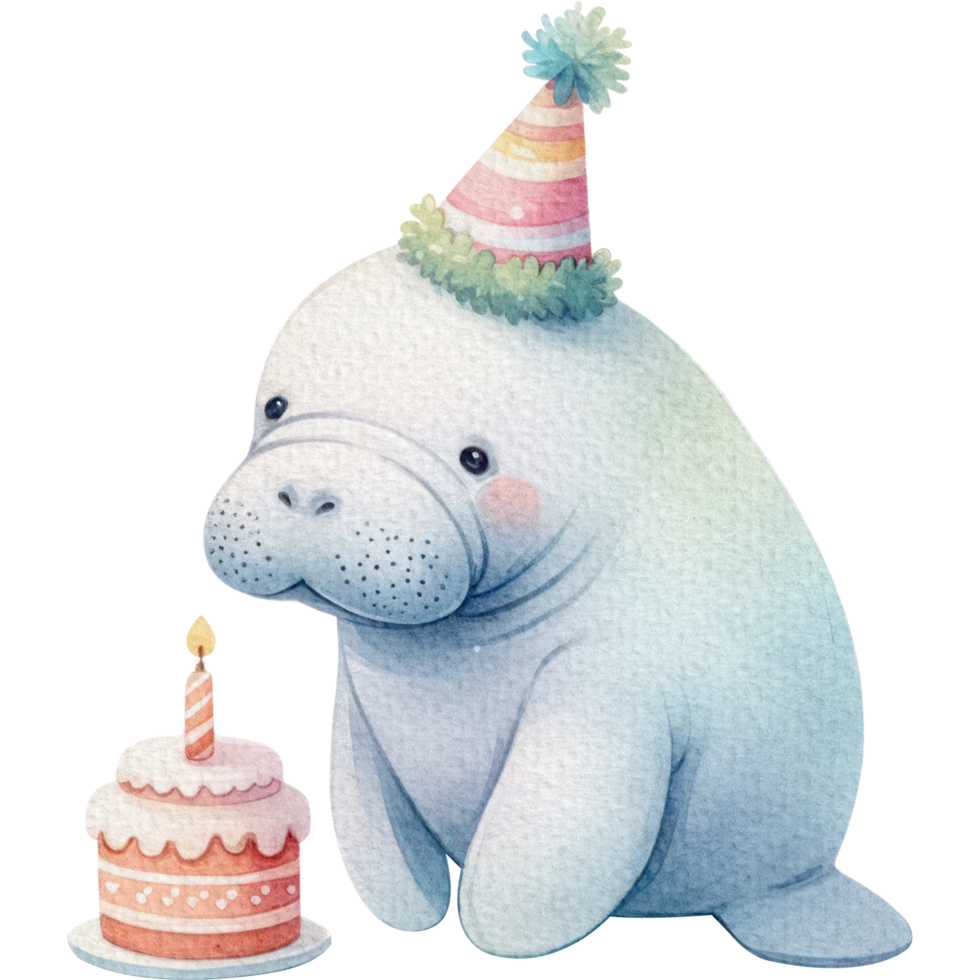 ai generado manatí cumpleaños fiesta linda dibujos animados acuarela aislar png