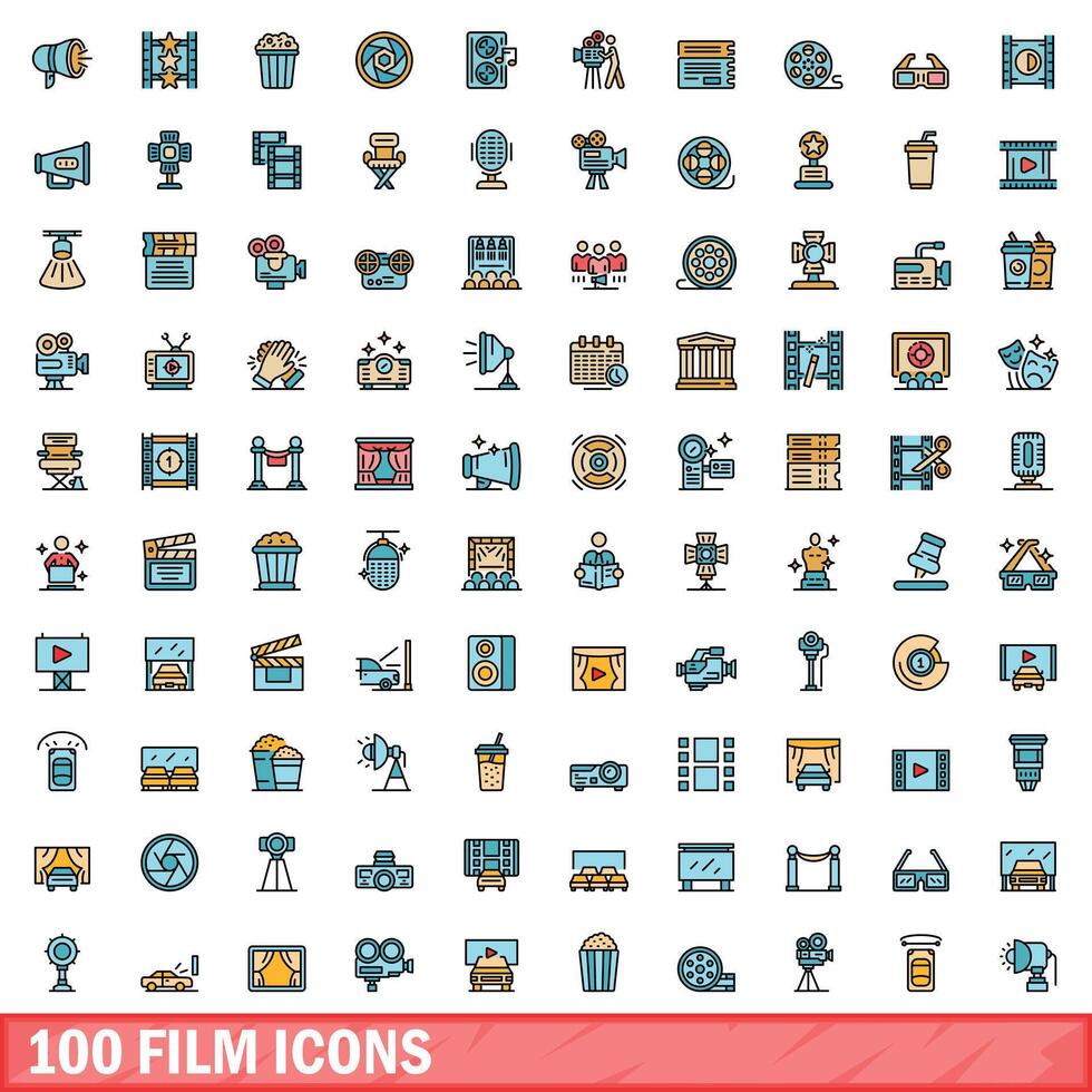 100 film icons set, color line style vector