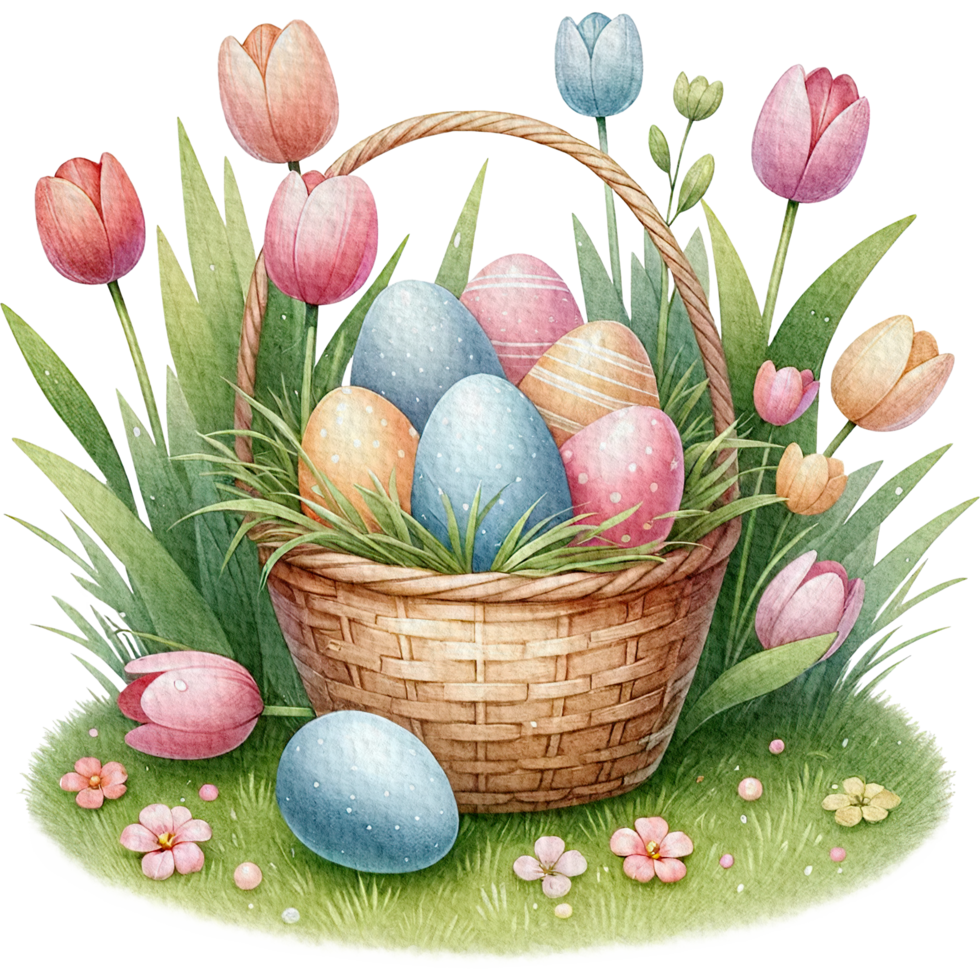 AI generated Easter flower basket easter eggs Watercolor png