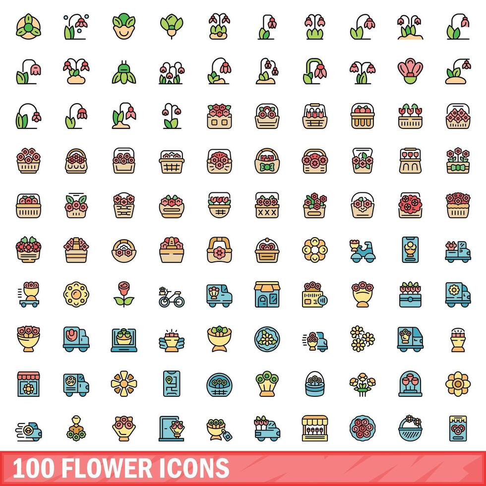 100 flower icons set, color line style vector