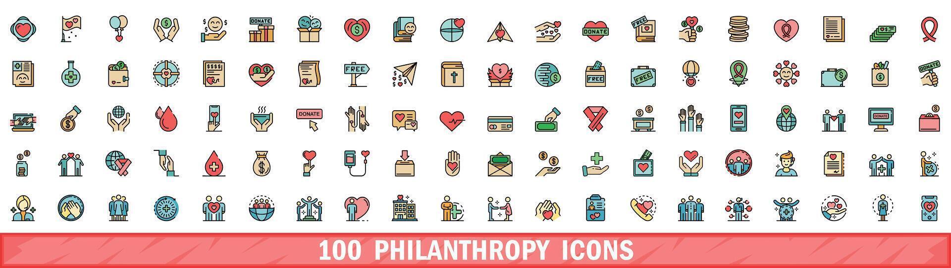 100 philanthropy icons set, color line style vector