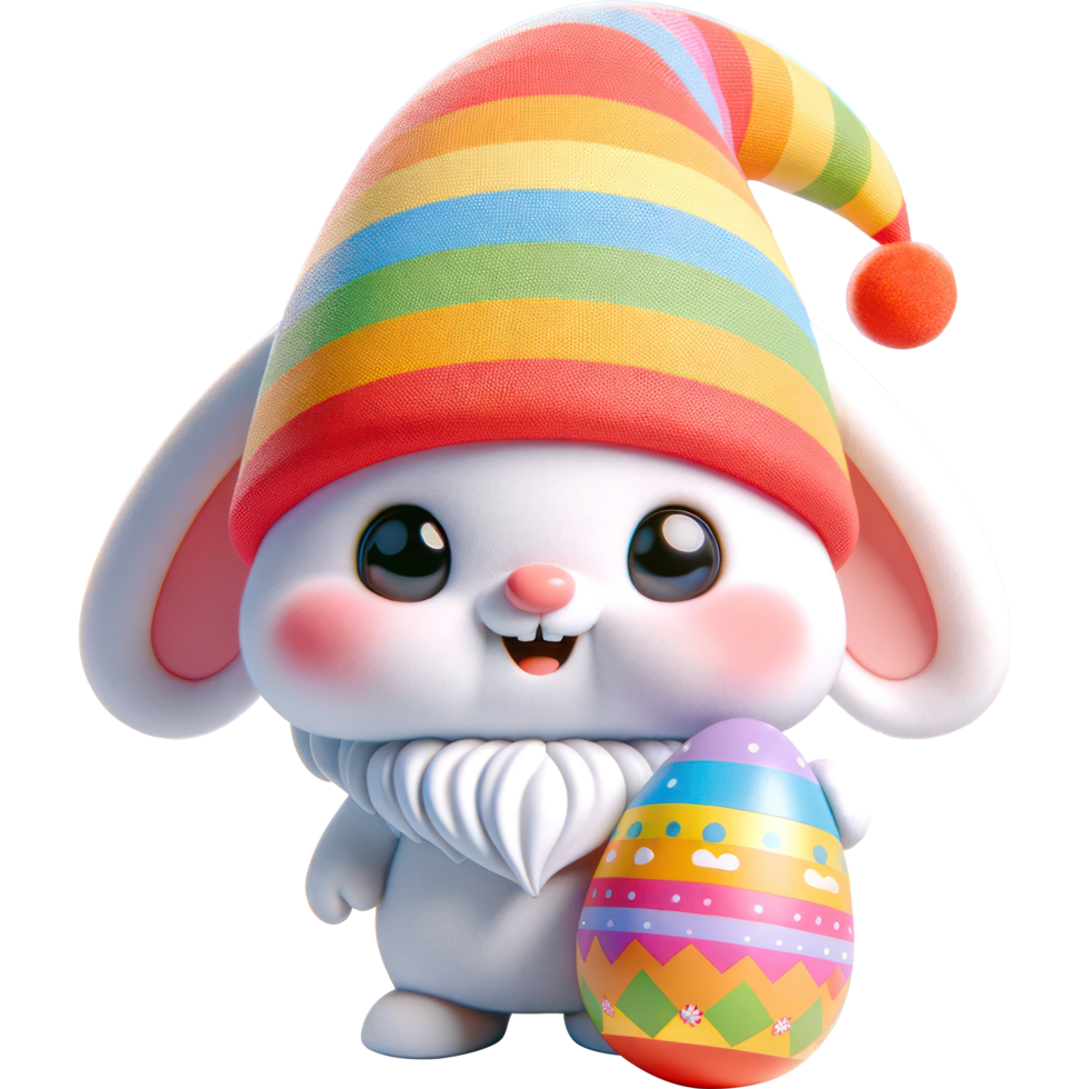 AI generated 3D character bunny waering gnome hat holding easter egg png