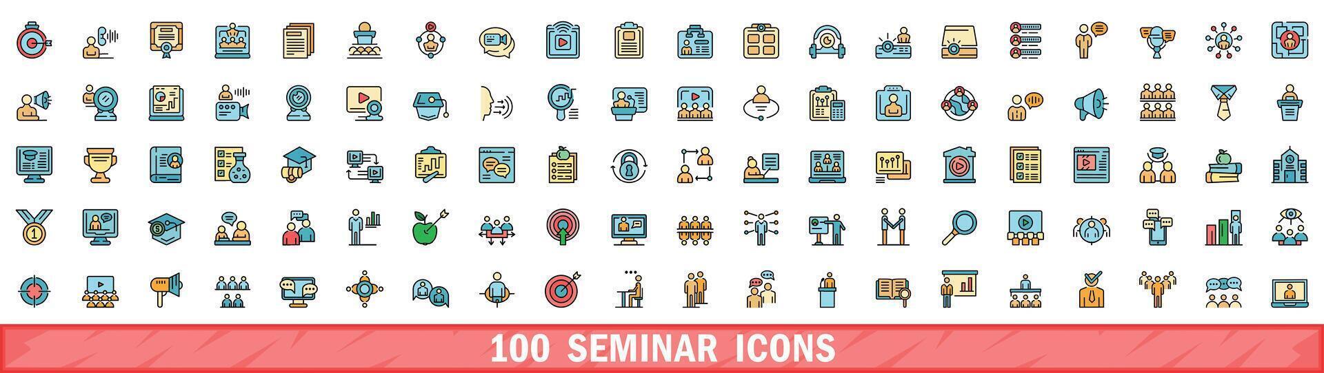 100 seminar icons set, color line style vector