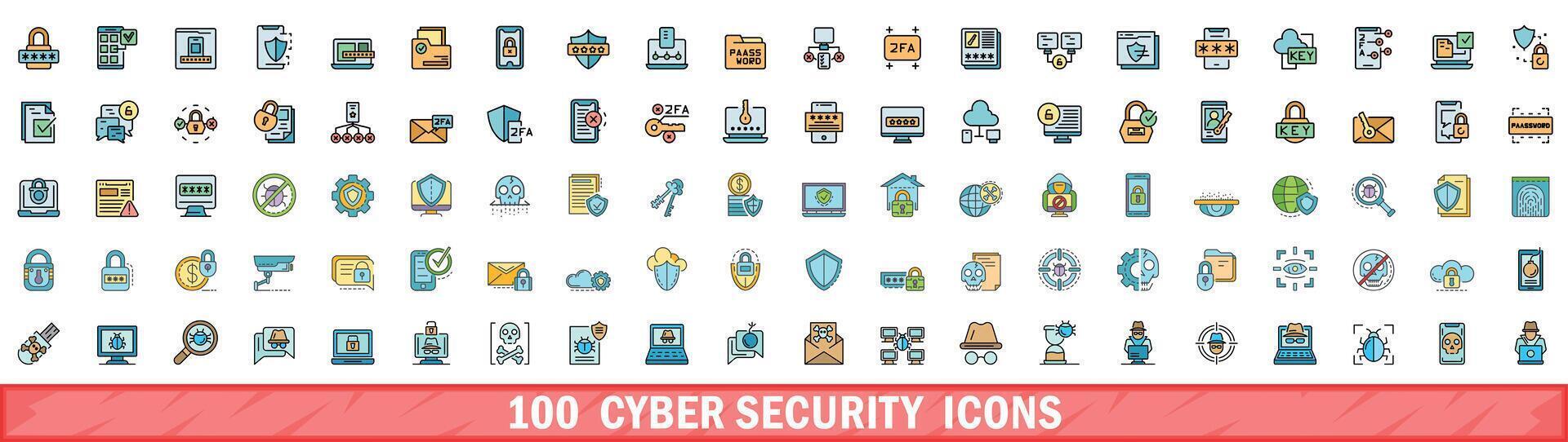 100 ciber seguridad íconos colocar, color línea estilo vector