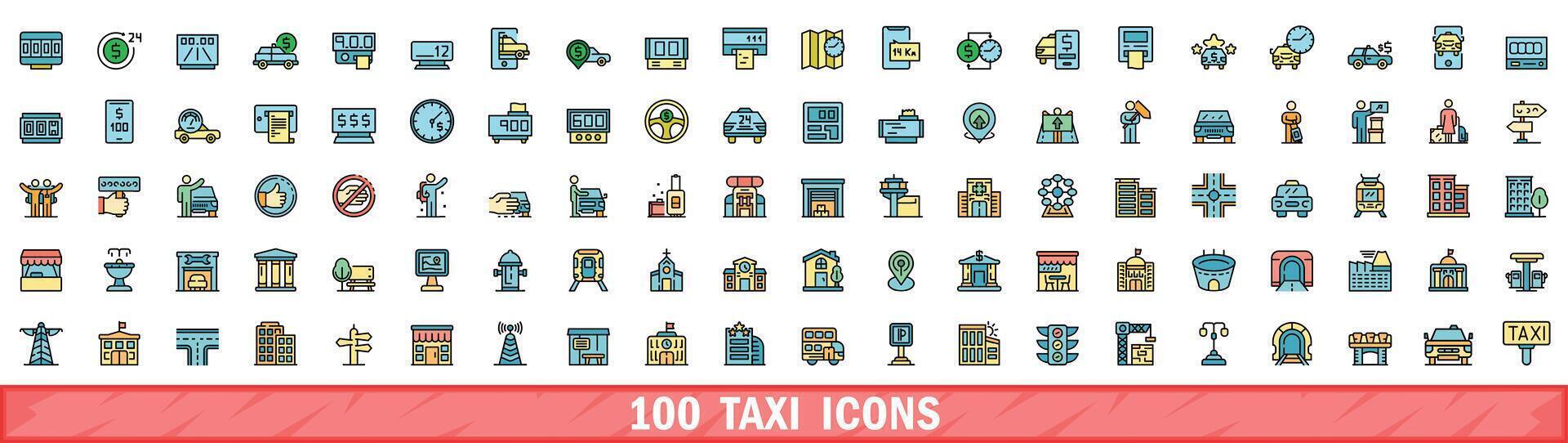 100 taxi icons set, color line style vector